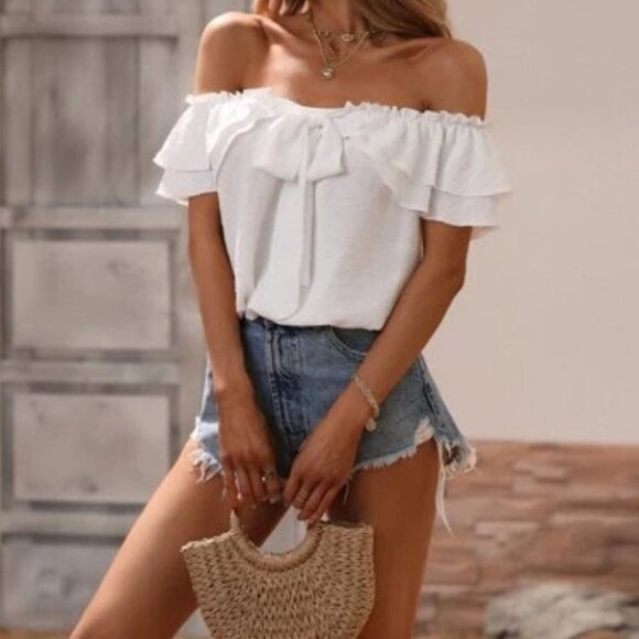 swiss dot boho off shoulder relaxed fit ruffle and tie detail blouse white - Picture 3 of 8